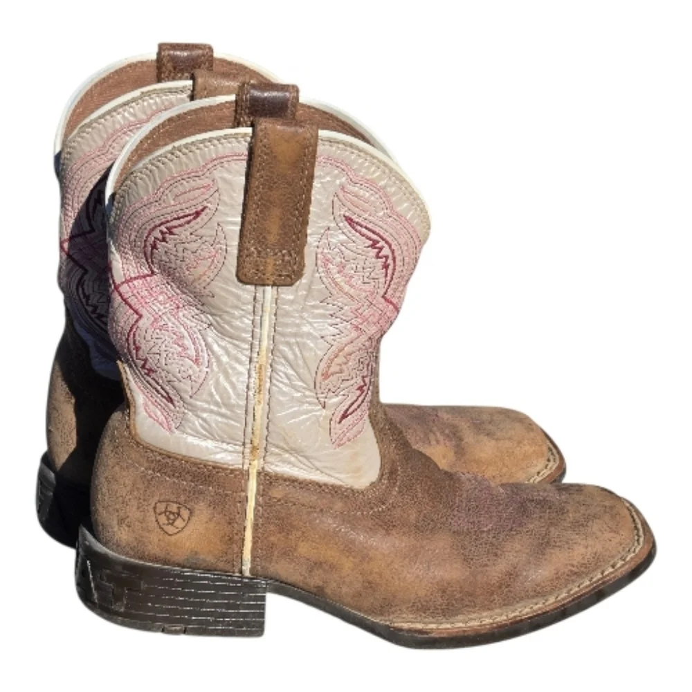 Ariat Kid's Double Kicker Sz 13 Western Boot Broad Square Toe Pink Tan Pull On